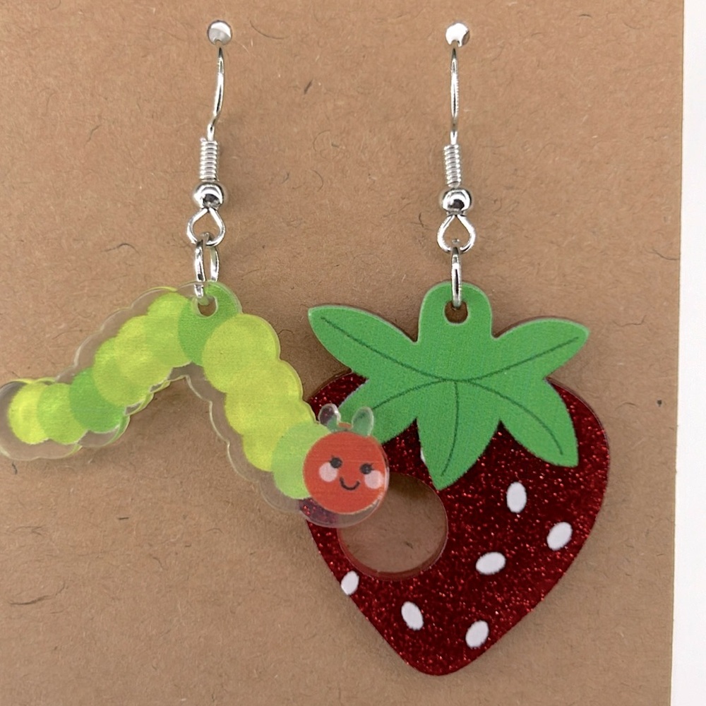 Adorable Caterpillar And Strawberry Dangle Acrylic Earrings Cute Teacher Style - Picture 4 of 4